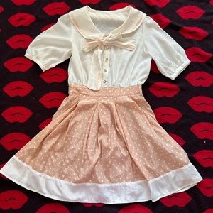 Kawaii beige white polka dot bow chiffon dress XS-S